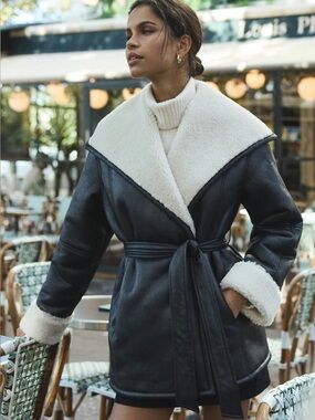 Dynamite Black Faux Leather Shearling Coat with Cream Collar